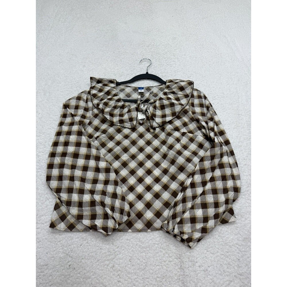 Old Navy Top Long Sleeve Ruffle Tie Neck Brown Minimalist Work Preppy Sz XS NWT
